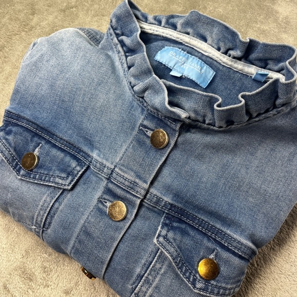 Draper James RSVP Denim Jacket Ruffle Collar Gold Button Cropped Women Large - Picture 1 of 7